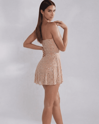 Monaco Mini Dress by Slimona — Elegant embellished mermaid mini dress with square neckline in soft nude.
