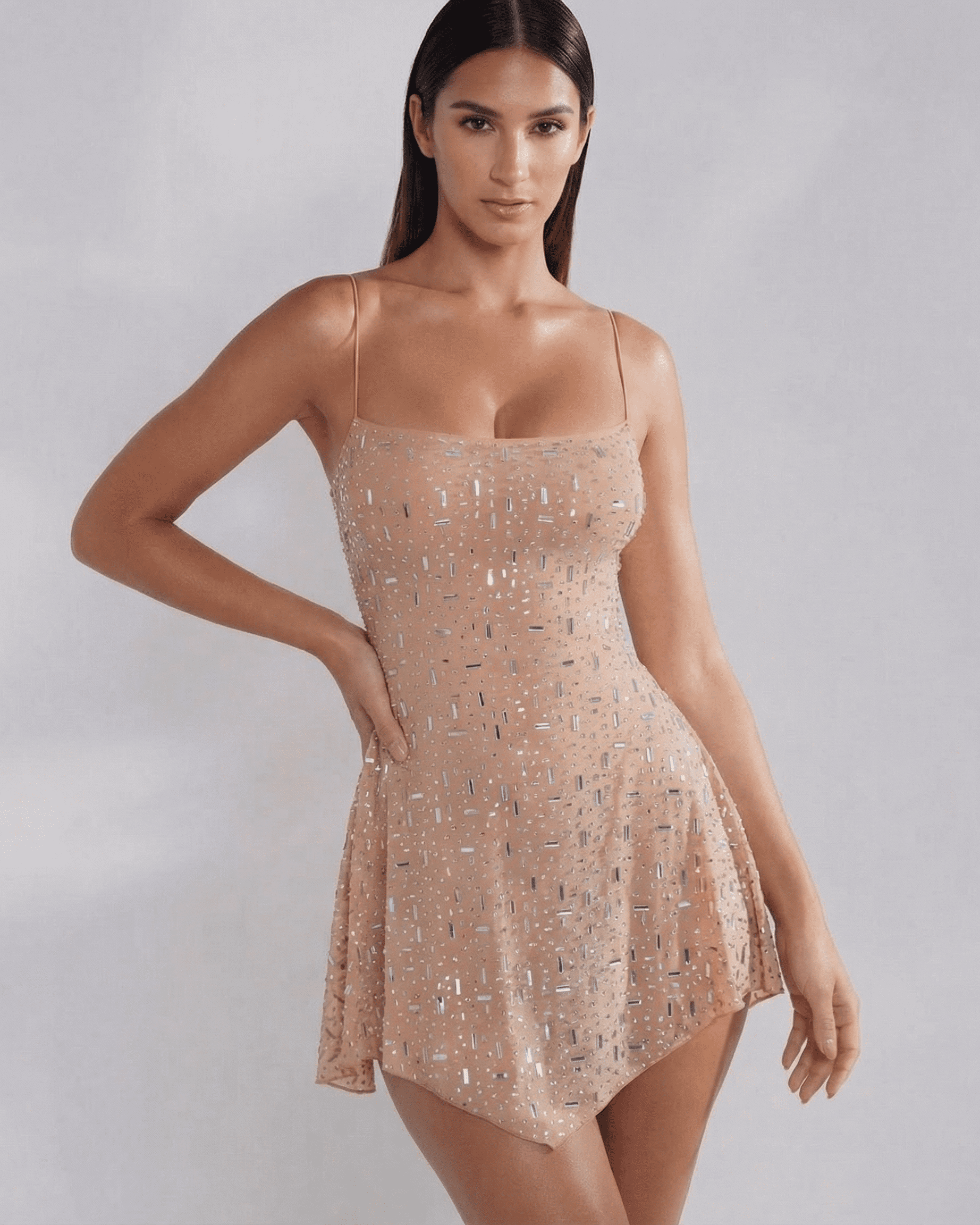 Monaco Mini Dress by Slimona - Embellished mermaid mini dress in soft nude with square neckline and spaghetti straps.