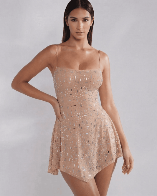 Monaco Mini Dress by Slimona, embellished mermaid-style mini dress with square neckline in soft nude tone.