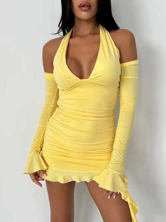Bold yellow mini dress with halter neckline and off-shoulder sleeves, perfect for summer weddings and parties.