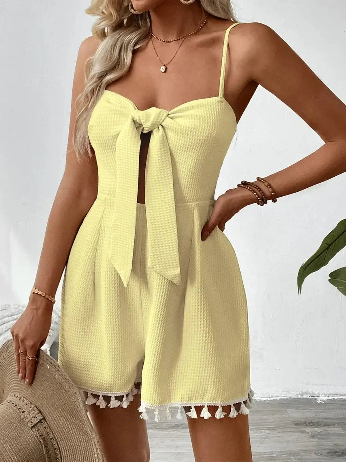 Sunkissed Mini Dress in yellow with front tie and shorts, perfect for summer occasions and casual outings.