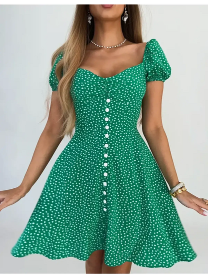 Green sweetheart charm mini dress with puff sleeves and button detail, perfect for summer parties and casual outings.