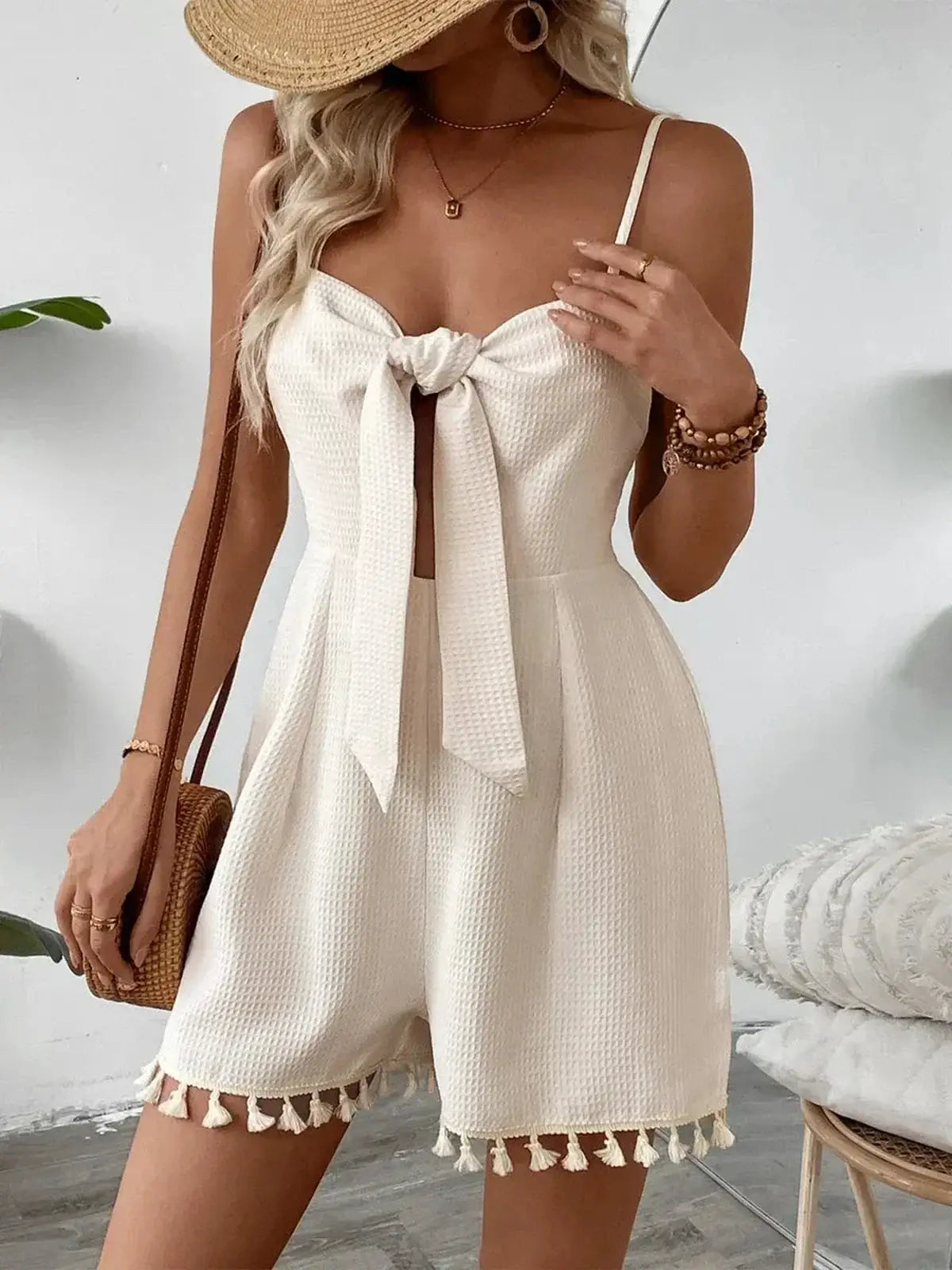 White Tassel Knot Mini Dress for women, perfect for summer styling as a wedding guest or cocktail dress.