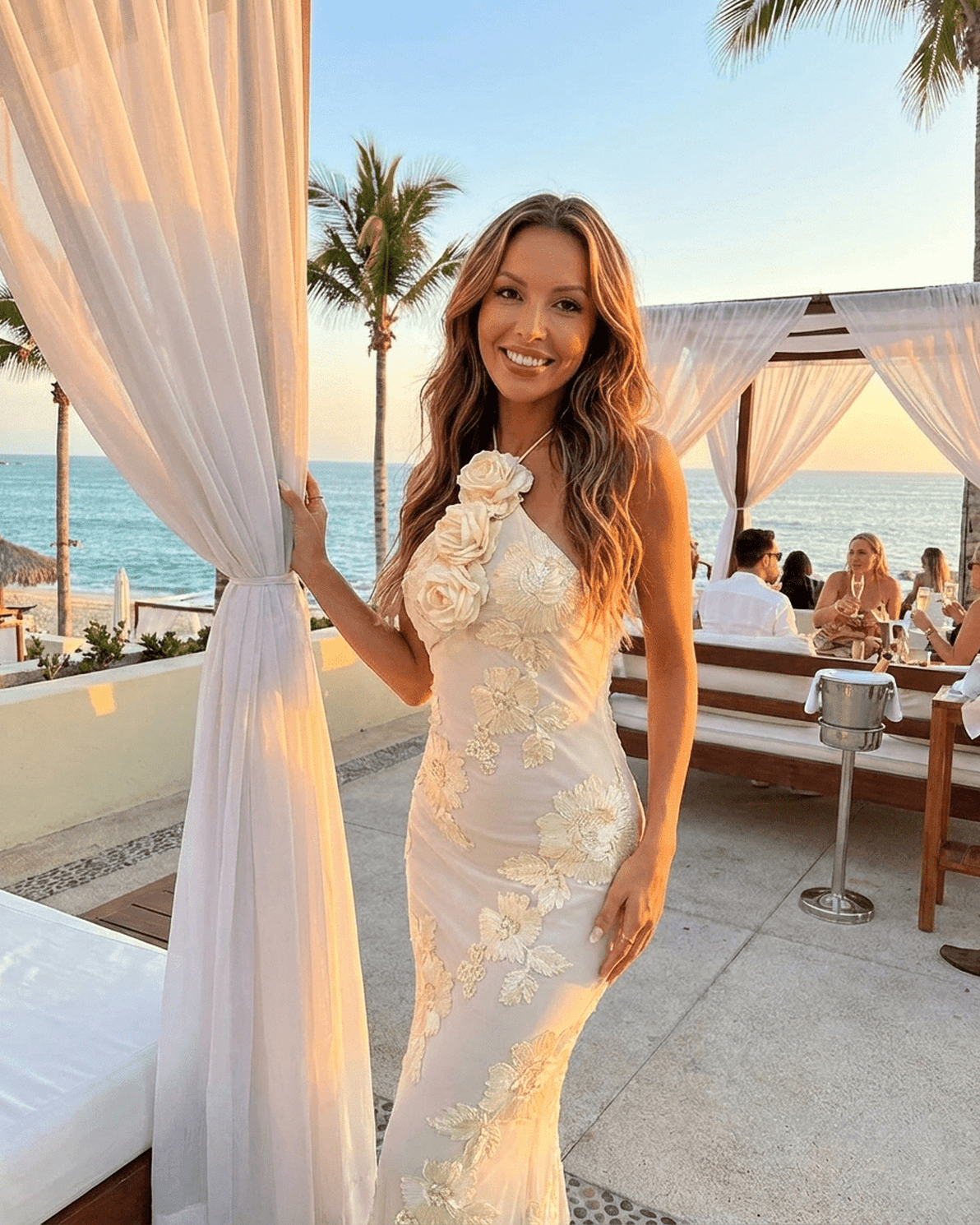 Valeria Maxi Dress by Slimona, halter neck with 3D floral foil print, perfect for beachside elegance.