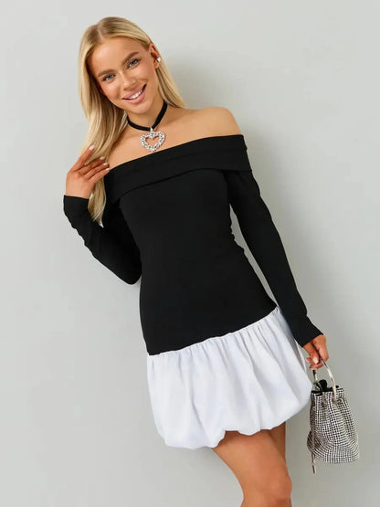Black and white off-the-shoulder mini dress featuring long sleeves and a bubble skirt, ideal for cocktail or party dresses.