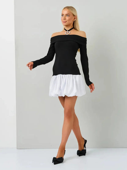 Off-the-shoulder black and white mini dress with long sleeves and bubble skirt, stylish summer party attire.
