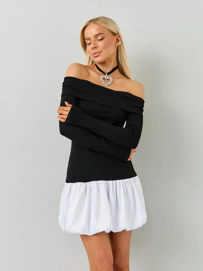 Black and white off-the-shoulder mini dress with a fitted bodice and bubble skirt, perfect for summer parties.