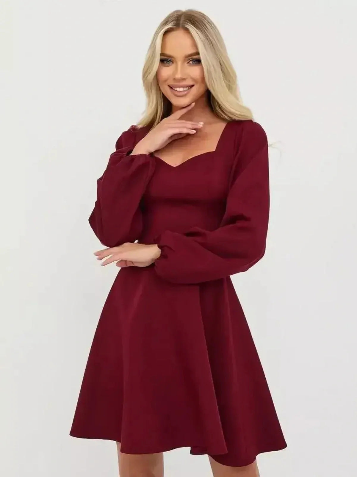 Velvet Bloom mini dress in deep burgundy, featuring long voluminous sleeves and a tailored bodice, perfect for parties.