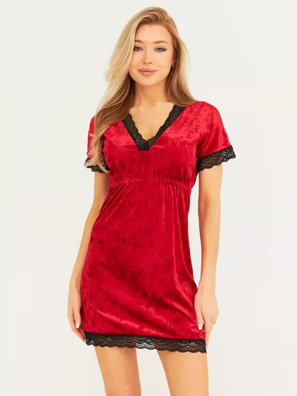 Red Velvet Charm mini dress with lace trim, perfect for summer dresses, cocktail and party occasions.