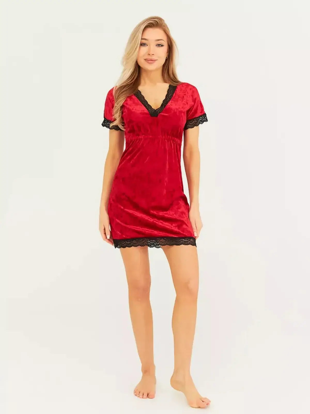 Red Velvet Charm mini dress with lace trim, perfect for cocktail parties or evening wear.