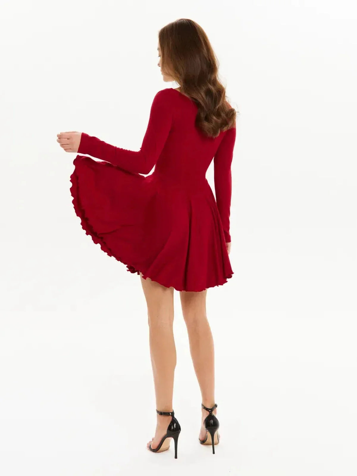 Red Velvet Flame mini dress with flared skirt and long sleeves, perfect for party or wedding guest wear.