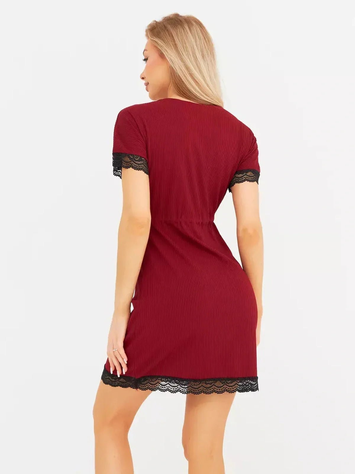 Back view of the Velvet Hour red mini dress with lace trim, perfect for summer and party occasions.