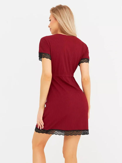 Back view of the Velvet Hour red mini dress with lace trim, perfect for summer and party occasions.