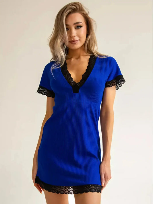 Blue velvet mini dress with lace accents, perfect for summer parties and events, flattering fit for women.