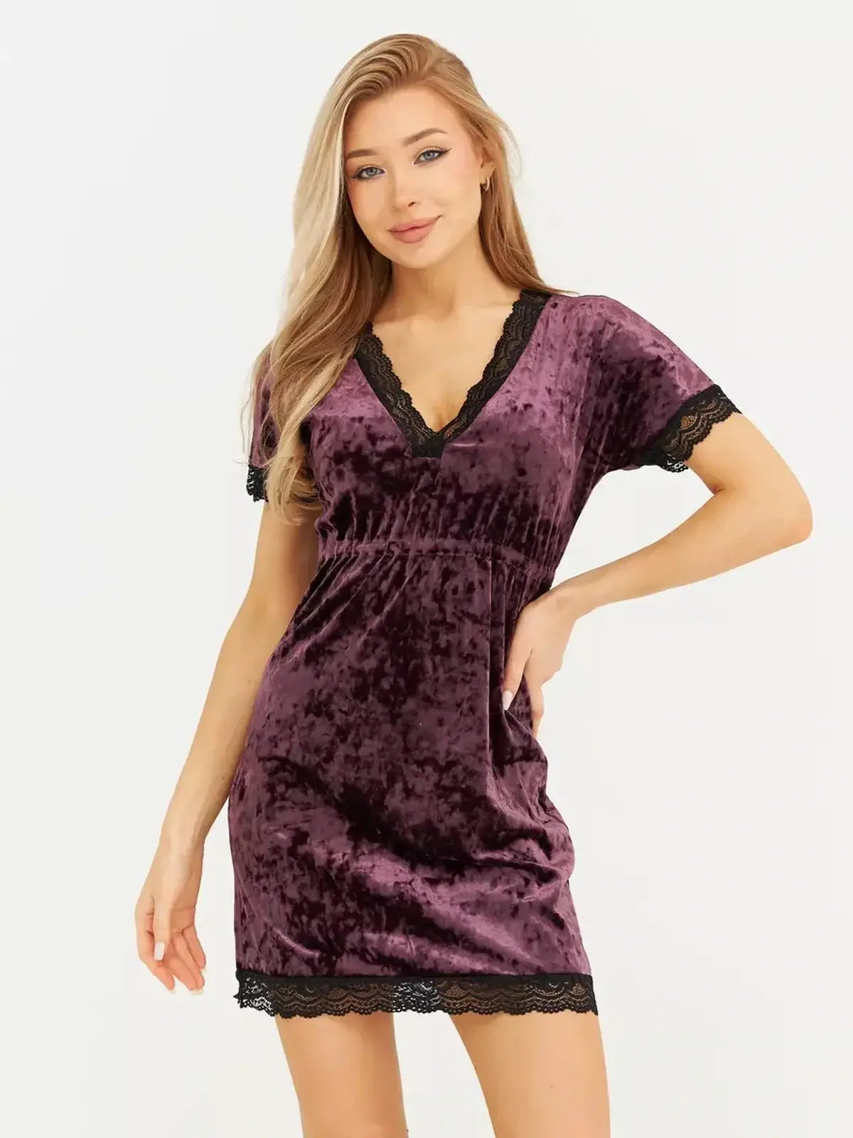 Velvet Romance mini dress in plum with black lace trim, perfect for wedding guests or cocktail parties.