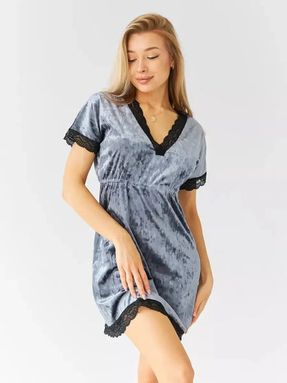 Sero-goluboy velvet mini dress with V-neckline and black lace trim, perfect for summer or evening wear.