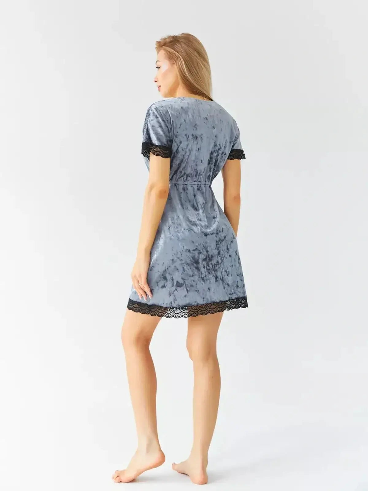 Elegant sero-goluboy velvet mini dress with black lace trim, perfect for summer weddings and special occasions.