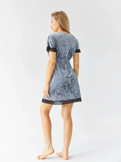 Elegant sero-goluboy velvet mini dress with black lace trim, perfect for summer weddings and special occasions.