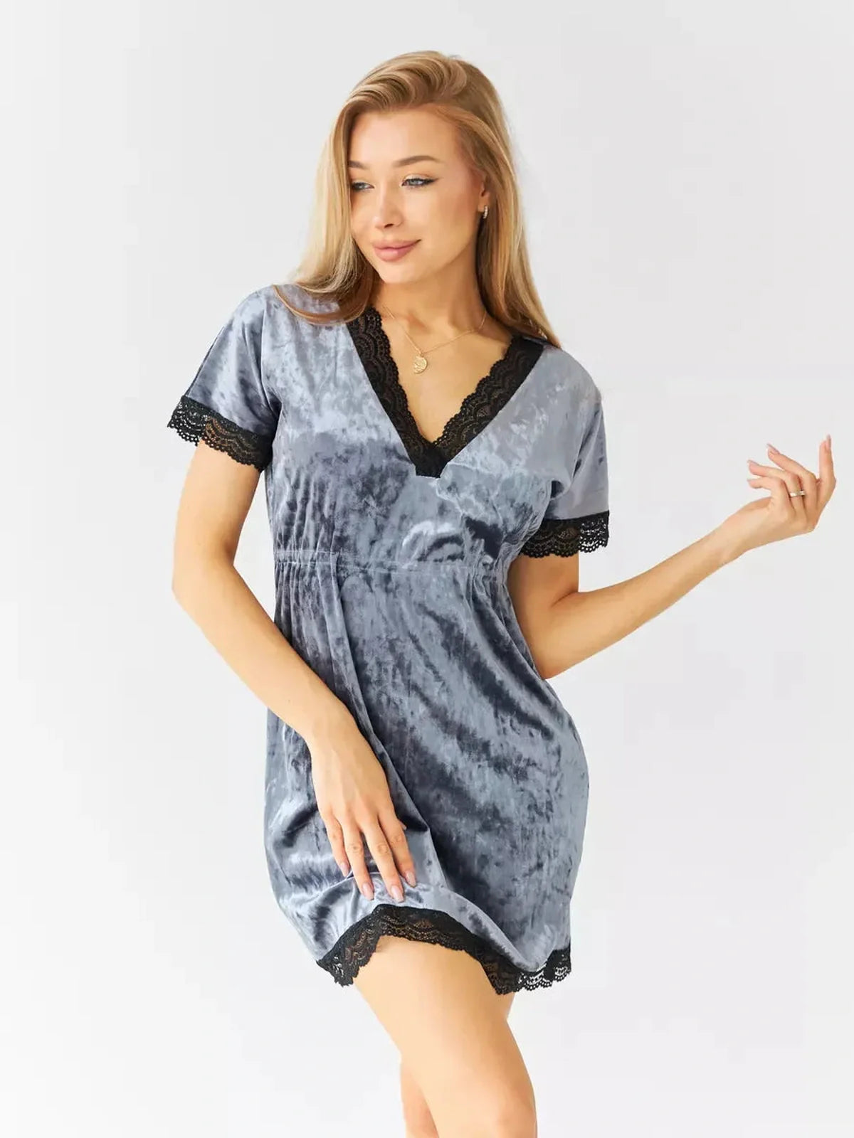 Sero-goluboy velvet mini dress with lace trim, perfect for cocktail parties and summer weddings.