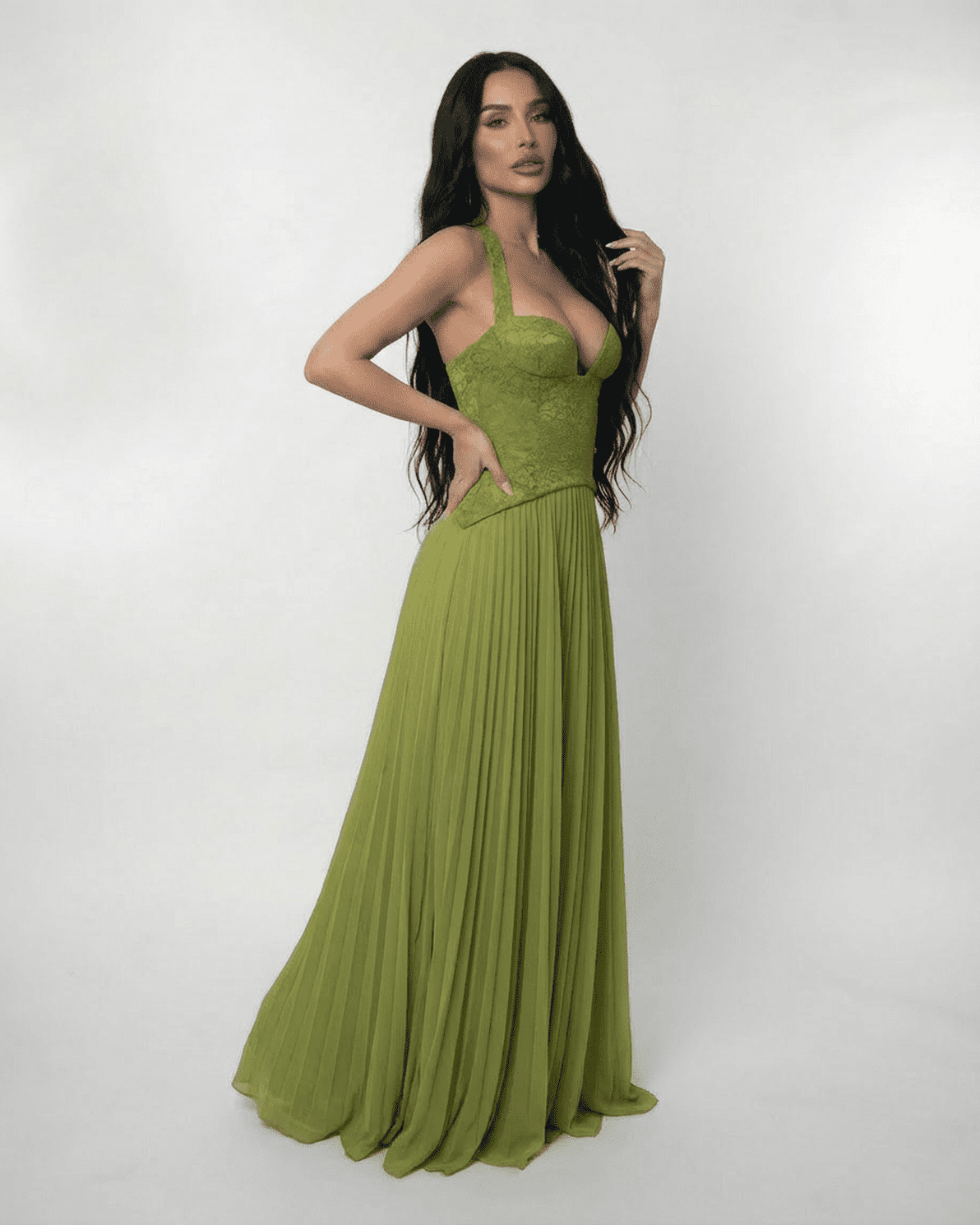 Slimona Verdant Maxi Dress featuring a lace bodice and pleated skirt in rich olive green.