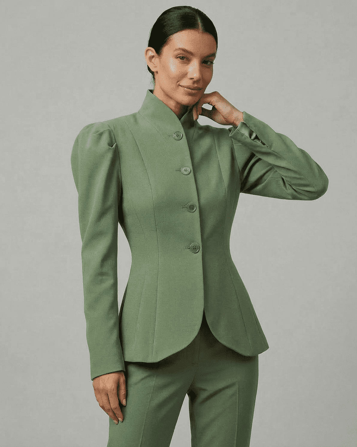 Verdanté Blazer by Slimona, tailored women’s blazer in green with stand collar and puff sleeves.