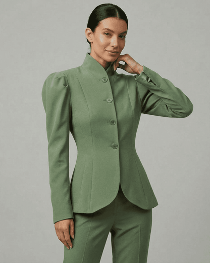 Verdanté Blazer by Slimona, tailored women’s blazer in green with stand collar and puff sleeves.