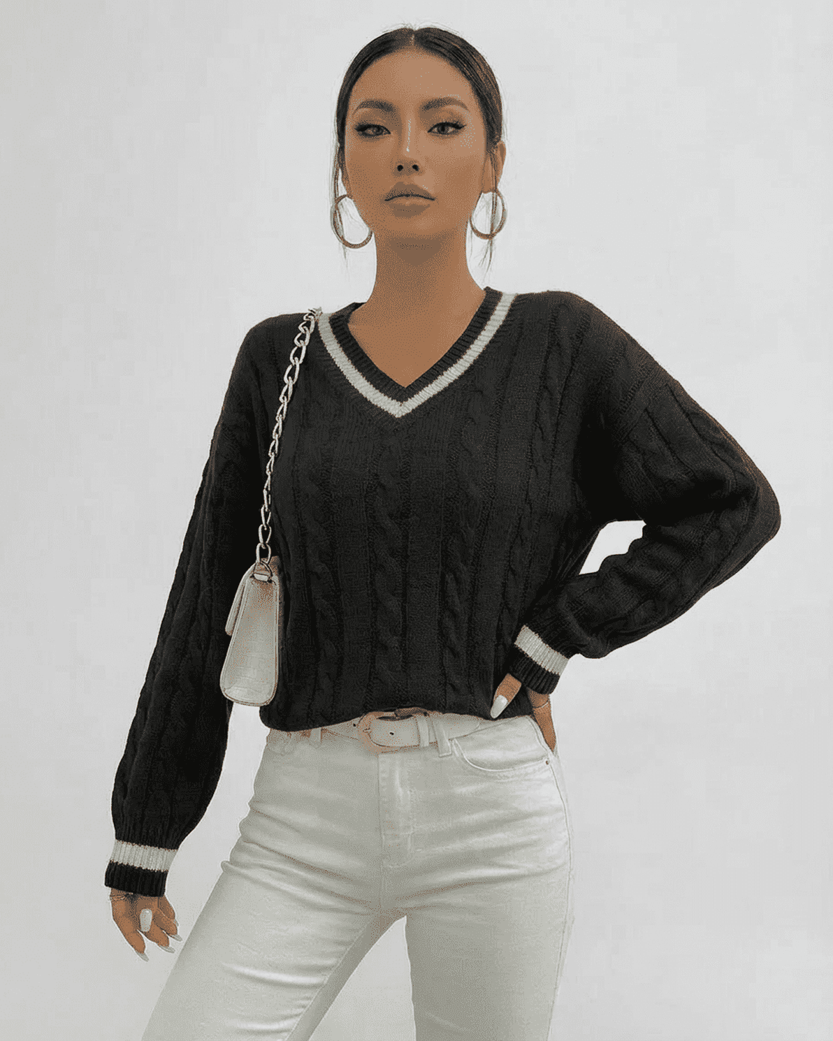 Verona Sweater by Slimona - Elegant cable knit V-neck pullover in black