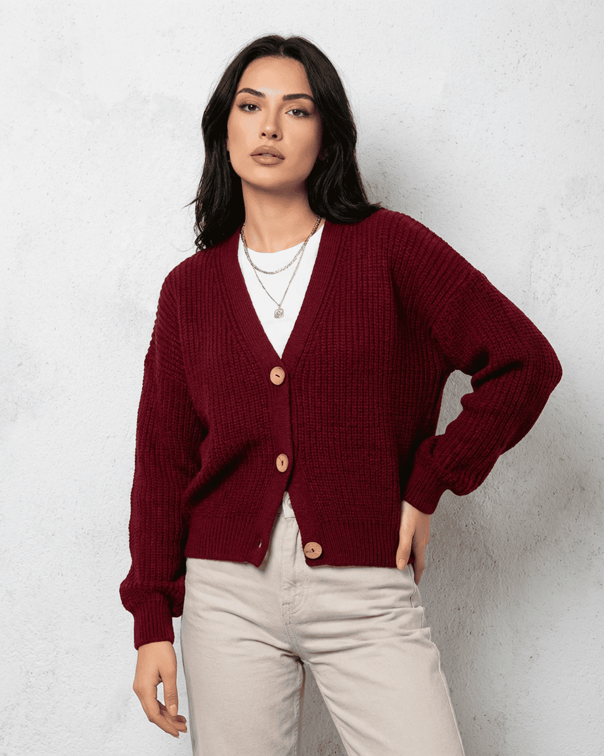 Vesper Cardigan by Slimona in luxurious burgundy color, featuring a classic V-neck design and button front.