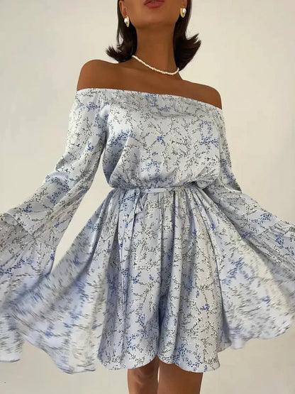 Off-shoulder floral mini dress with flowy bell sleeves and cinched waist, perfect for summer weddings and parties.