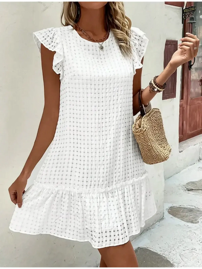 White mini dress with ruffled sleeves, perfect for summer dresses and casual outings.