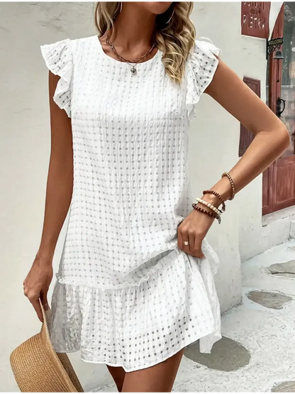 White mini dress with ruffled sleeves, perfect for summer outings and casual occasions for women.