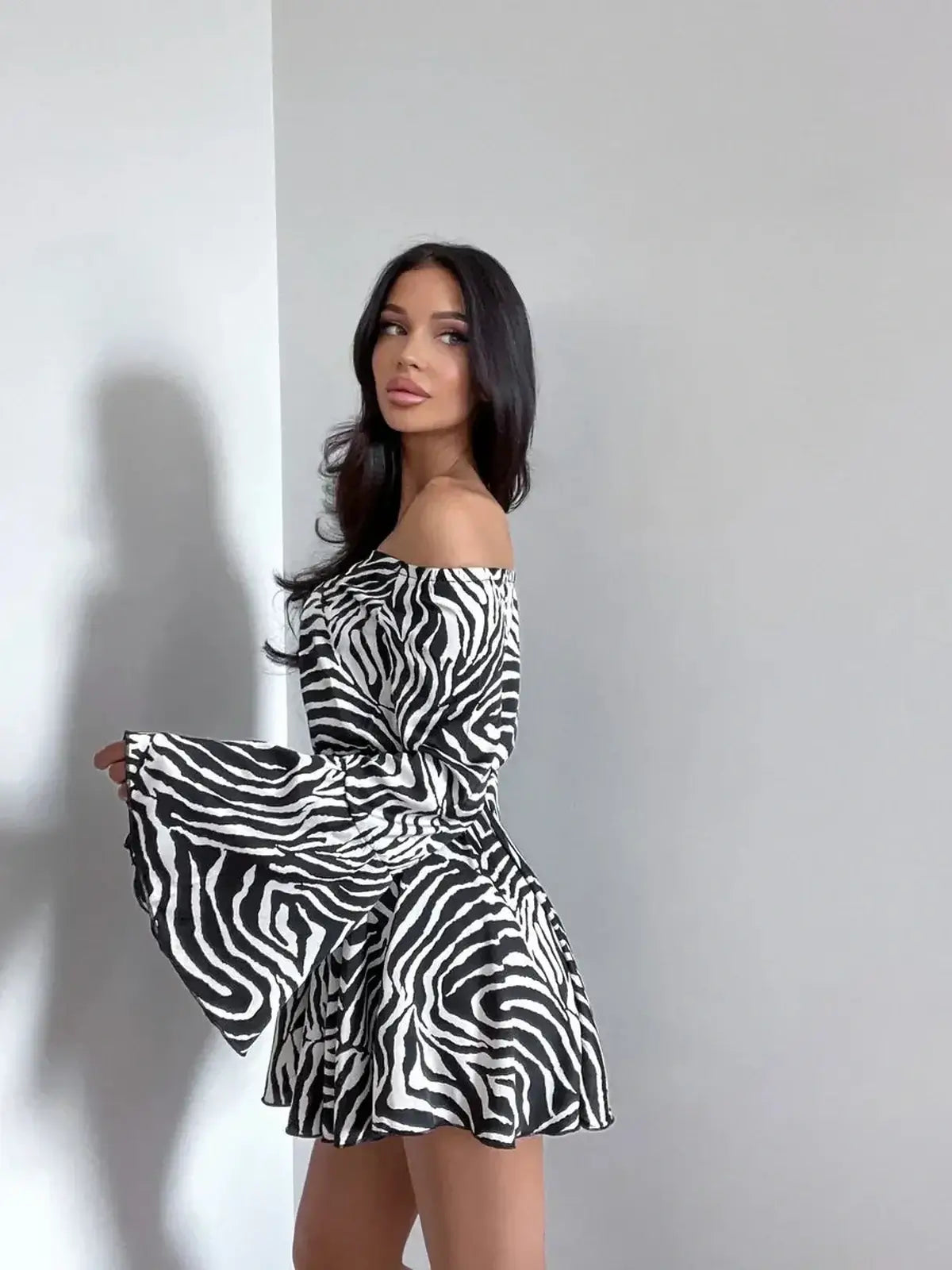 Zebra Daze Mini Dress, off-shoulder mini dress with flared sleeves, ideal for summer outings and chic evenings.