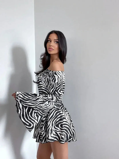 Zebra Daze Mini Dress, off-shoulder mini dress with flared sleeves, ideal for summer outings and chic evenings.