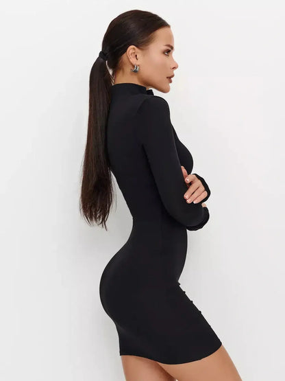 Elegant black Zip Form Mini Dress with long sleeves and a high collar, perfect for parties and formal events.